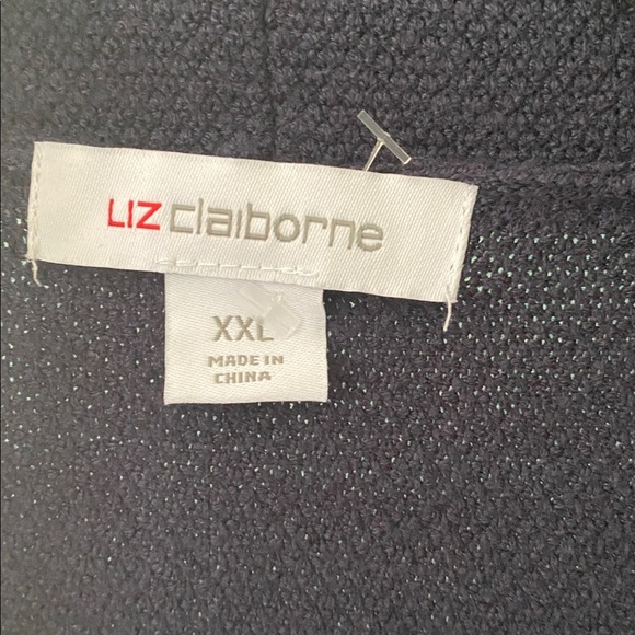 Liz Claiborne Open Front Long Cardigan Sweater Navy Tan Trim XXL Soft Knit Drape - Picture 3 of 5